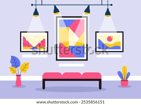 Photo Gallery Vector Illustration featuring Museum Visitors Viewing an Exhibition of Modern Abstract Paintings and Pictures in a Contemporary Design