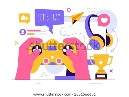 E-sports Vector Illustration featuring a Gamer in Virtual Reality, Playing Online Games on Consoles or Using a Joystick with a Gamepad in a Background