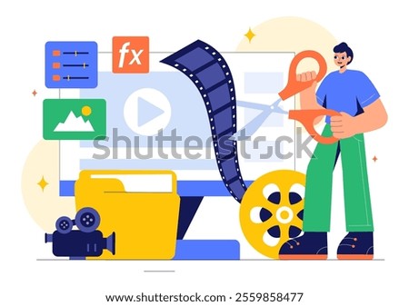 Vector Illustration of a Video Editor Program featuring Video Editing Software for Creating Animated Movies or Clips in a Flat Style Background