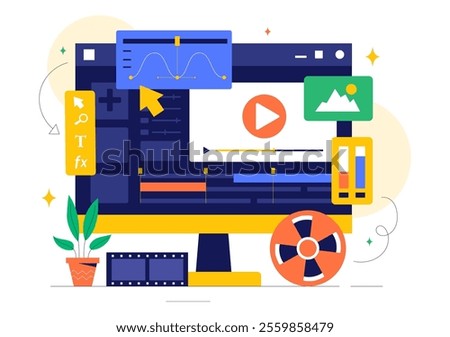 Vector Illustration of a Video Editor Program featuring Video Editing Software for Creating Animated Movies or Clips in a Flat Style Background