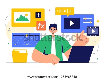 Vector Illustration of a Video Editor Program featuring Video Editing Software for Creating Animated Movies or Clips in a Flat Style Background