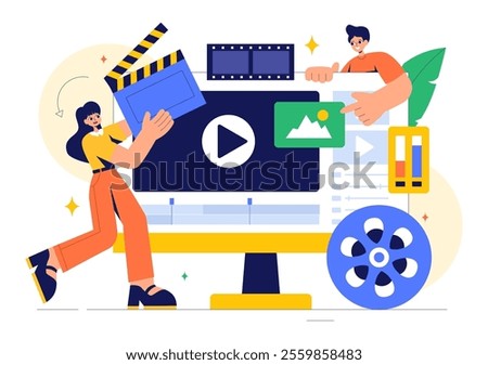 Vector Illustration of a Video Editor Program featuring Video Editing Software for Creating Animated Movies or Clips in a Flat Style Background