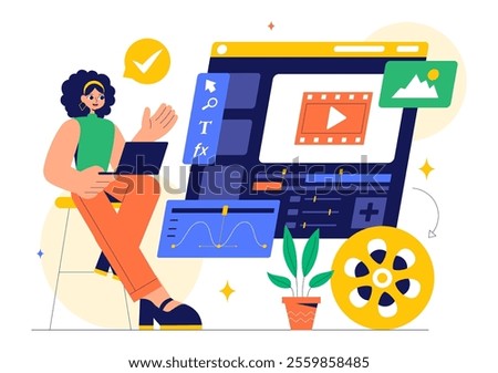 Vector Illustration of a Video Editor Program featuring Video Editing Software for Creating Animated Movies or Clips in a Flat Style Background