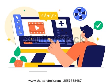 Vector Illustration of a Video Editor Program featuring Video Editing Software for Creating Animated Movies or Clips in a Flat Style Background