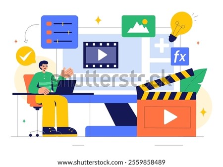 Vector Illustration of a Video Editor Program featuring Video Editing Software for Creating Animated Movies or Clips in a Flat Style Background