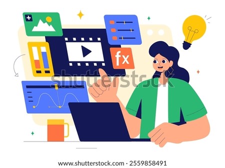 Vector Illustration of a Video Editor Program featuring Video Editing Software for Creating Animated Movies or Clips in a Flat Style Background