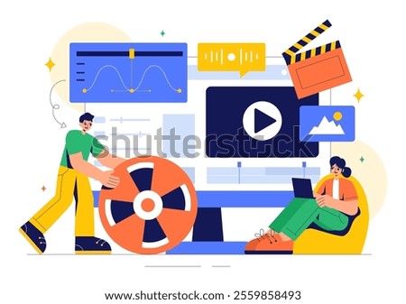 Vector Illustration of a Video Editor Program featuring Video Editing Software for Creating Animated Movies or Clips in a Flat Style Background