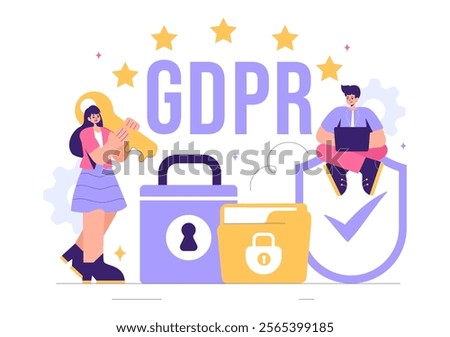 GDPR or General Data Protection Regulation Illustration featuring Cybersecurity, Personal Information Protection, and Access Control Verification