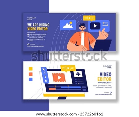 Horizontal Banner Design Featuring Video Editing Software in Flat Cartoon Style with Hand-Drawn Templates