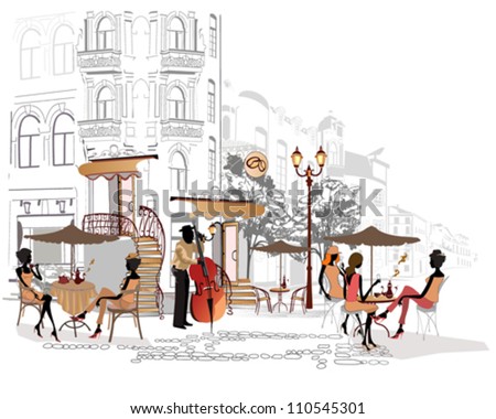 Series Of Street Cafes In The City With Musician Stock Vector ...