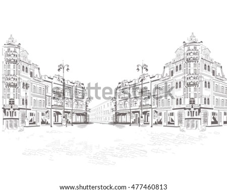 Series of street views in the old city. Hand drawn vector architectural background with historic buildings.