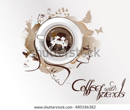 Coffee cup on an abstract watercolor background with a couple.