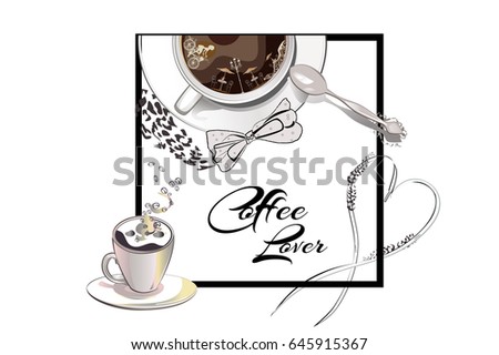 Coffee cup with a spoon and coffee beans decorated with a bow. Hand drawn vector. T-shirt design.