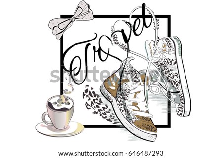 Travel background with a cup of coffee and a pair of sneakers with laces in the form of heart. Hand drawn vector illustration. 