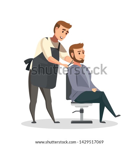 Stylish hairdresser cutting hair of client at barber shop. Beard man getting haircut at salon. UI illustration of a bearded male hipster.