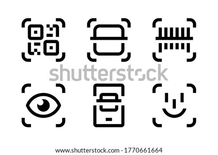 QR code scan, Barcode Scan and Face Recognition icon set. Mobile Scan vector icons. Scanning of Codes and Objects. Check Code icons. 商業照片 © 