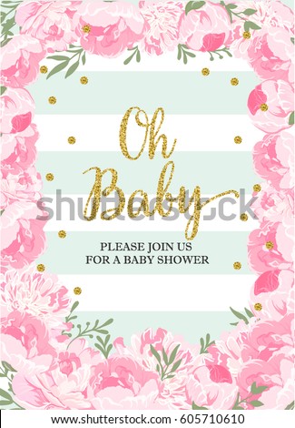 Gorgeous baby shower invitation card with mint stripes, pink peonies and golden glitter text please join us