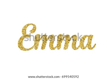 A sparkly, gold glitter script girl name Emma for invitation cards, thank you cards, envelopes, t-shirts, stickers, greeting cards. Isolated vector. 