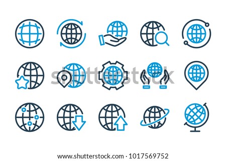 Globe and World related line icons. Planet and Worldwide network vector icon set.