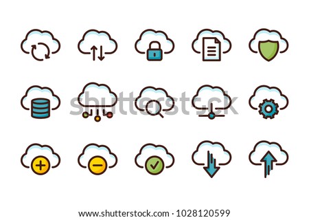 Cloud Computing and Computer Cloud related color line icon set. Cloud network and Server ector icon set.