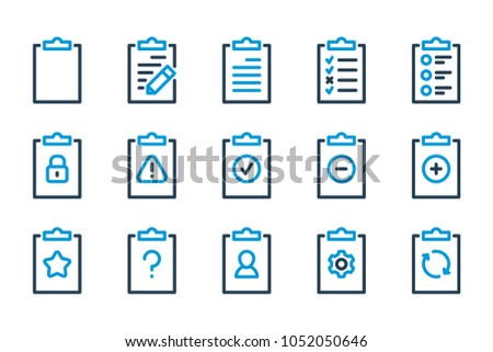 Clipboard and Planner related line icon set. Task notification and Preference vector icons.