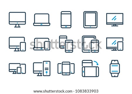 Device and Electronic Gadget related line icon set. Computer, laptop and mobile phone variations line icons.