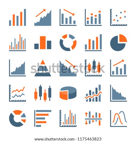 Graph and chart related flat icons. Statistics, growth and pie chart icon set. Stats and diagram vector illustration.