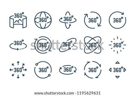 360 degree and panoramic rotation line icon set. Virtual reality vector outline icons.