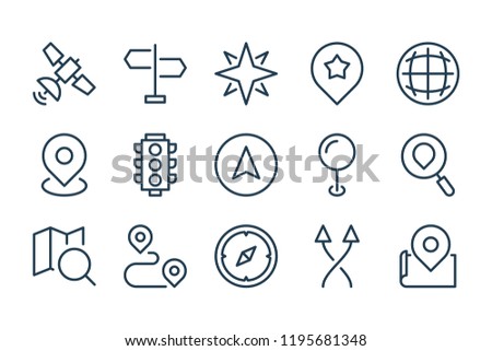 Map location pin and navigation line icons. Traffic and travel vector linear icon set.