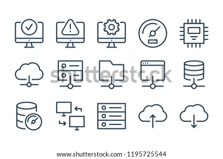Computing, Server and network connection line icons. Hosting and computing vector linewar icon set.