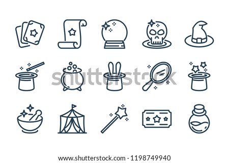 Magic and Circus related line icon set. Magical stuff linear vector icons.