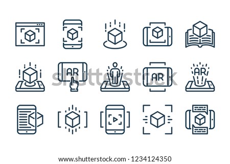 Augmented Reality related line icon set. Interactive simulation and Virtual Reality linear vector icons. Stok fotoğraf © 