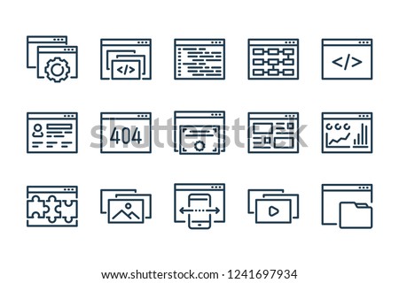 Web Development and Website Configuration related line icon set. Online Web Hosting and Website Content linear vector icons.