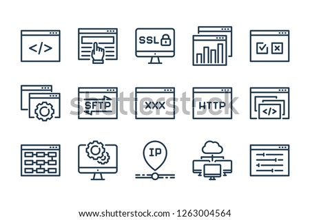 Web Hosting and Development related line icon set. Programming, IP, Browser, Host and Website linear vector icons.