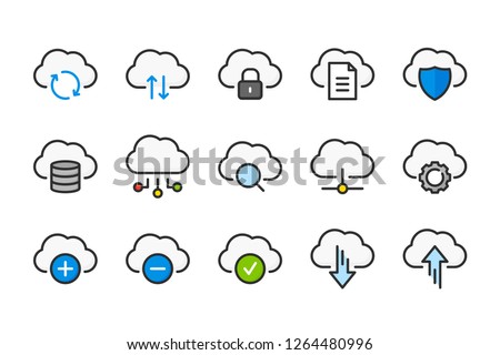 Cloud data and digital technology color line icons. Network service and data sharing vector linear colorful icon set. Isolated icon collection on white background.