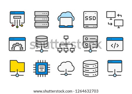 Server Network and Computing Technology color line icons. Backup and storage vector linear colorful icon set. Isolated icon collection on white background.