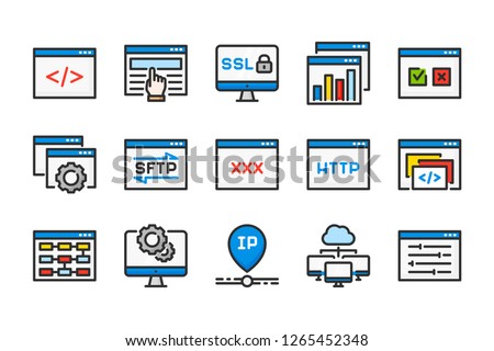 Web Hosting and Website Development related color line icons. IP, browser, host and website vector linear colorful icon set. Isolated icon collection on white background.