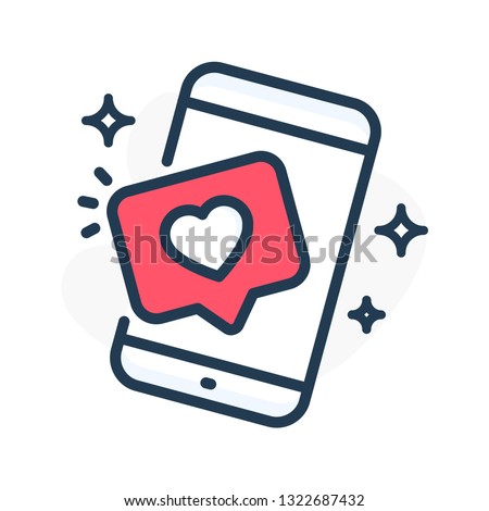 Smartphone with like button. Cell phone with like and heart emoji speech bubble. Social media like icon on mobile phone. Isolated vector illustration.