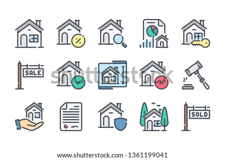 Real Estate and Mortgage color line icon set. Building and house linear icons. Mortage colorful outline vector sign collection.