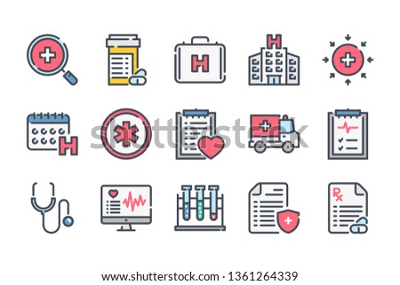 Healthcare and Medical Service related color line icon set. Hospital and Emergency vector outline icons.