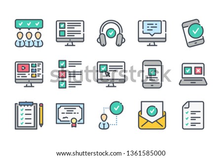 Online Education related color line icon set. E-learning and testing linear icons. Exam and quiz colorful outline vector sign collection.