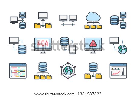 Network Development and Hosting related color line icon set. Server and database linear icons. Synchronization colorful outline vector sign collection.