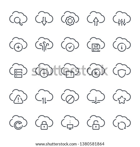 Cloud Services and Cloud Network bold line icon set. Web hosting and Cloud Computing linear icons. Cloud platform outline vector sign collection.