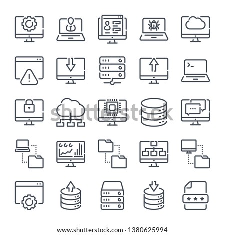 Computer Technology and Network Development related line icon set. Data transfer linear icons. computer options outline vector sign collection.