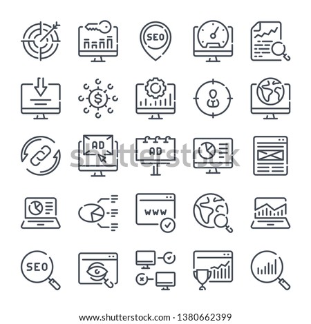 Seo and Marketing related line icon set. Search Engine Optimization linear icons. Data organization and Development outline vector sign collection.