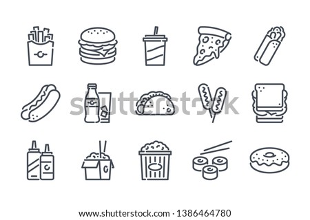 Fastfood related line icon set. Street food linear icons. Burger, hotdog and  sandwich outline vector signs and symbols collection.