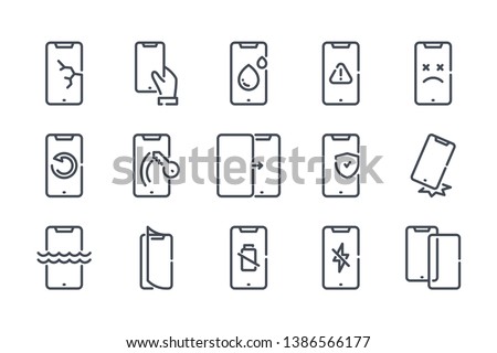 Mobile phone repair related line icon set. Smartphone protection linear icons. Mobile phone problems outline vector signs and symbols collection.