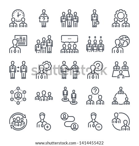 Business people related line icon set. Meeting and appointment linear icons. Business management outline vector sign collection.