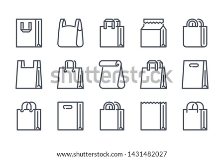 Shopping bag related line icon set. Paper market bag linear icons. Grocery bag outline vector signs and symbols collection.