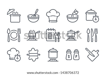 Cooking related line icon set. Pot, pan and kitchen utensils linear icons. Cooking recipe outline vector signs and symbols collection. Foto stock © 